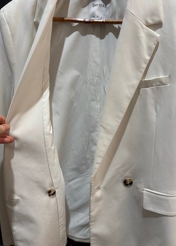 Beyaz Kadın Düğmeli Midi Blazer Ceket - Görsel 6