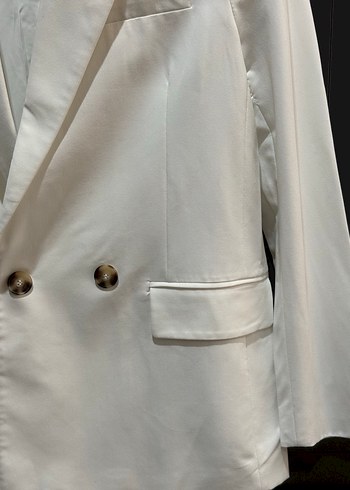 Beyaz Kadın Düğmeli Midi Blazer Ceket - Görsel 4
