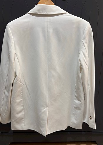 Beyaz Kadın Düğmeli Midi Blazer Ceket - Görsel 5