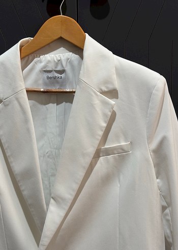 Beyaz Kadın Düğmeli Midi Blazer Ceket - Görsel 2