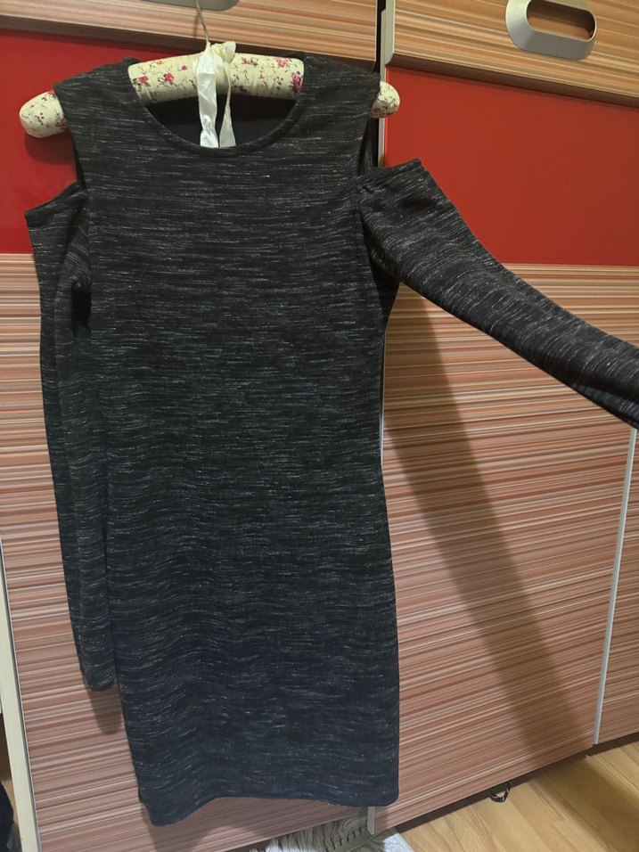 Gri Kesik kol Mini Elbise - Görsel 2