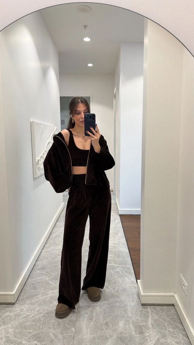 Kadın Siyah Süet Bol Kesim Eşofman Takımı - Görsel 3