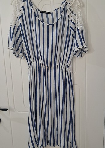 Mavi Çizgili Dantel Detaylı Midi Elbise - Görsel 2