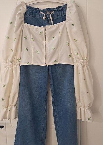 Kız Çocuk Beyaz Bağlama Desenli Bol Kesim Kot Pantolon - Görsel 2