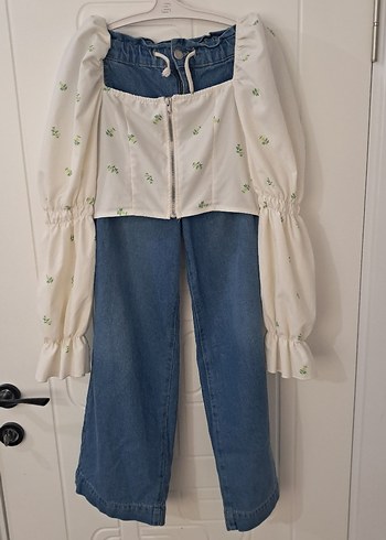 Kız Çocuk Beyaz Bağlama Desenli Bol Kesim Kot Pantolon - Görsel 3