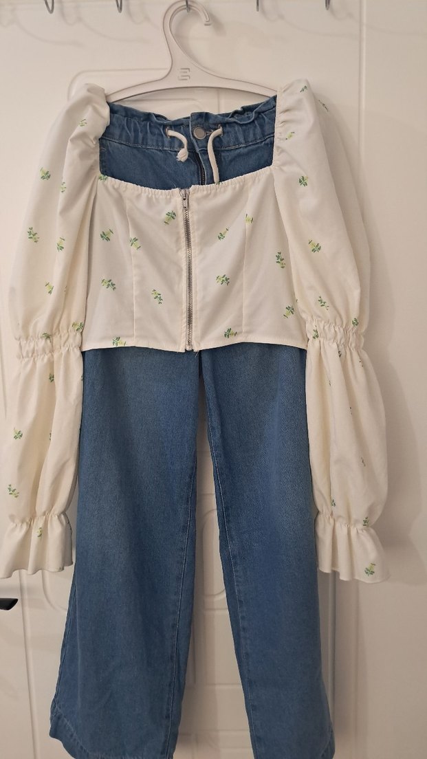 Kız Çocuk Beyaz Bağlama Desenli Bol Kesim Kot Pantolon - Görsel 2