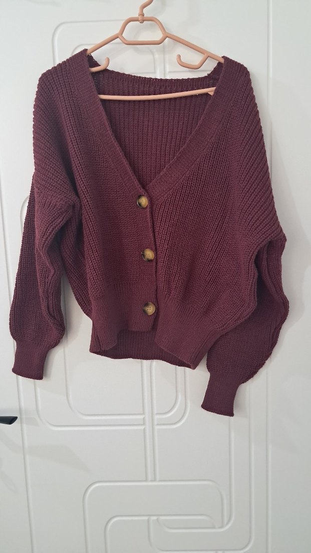 Bordo Bağlamalı Örgü Hırka - Görsel 2