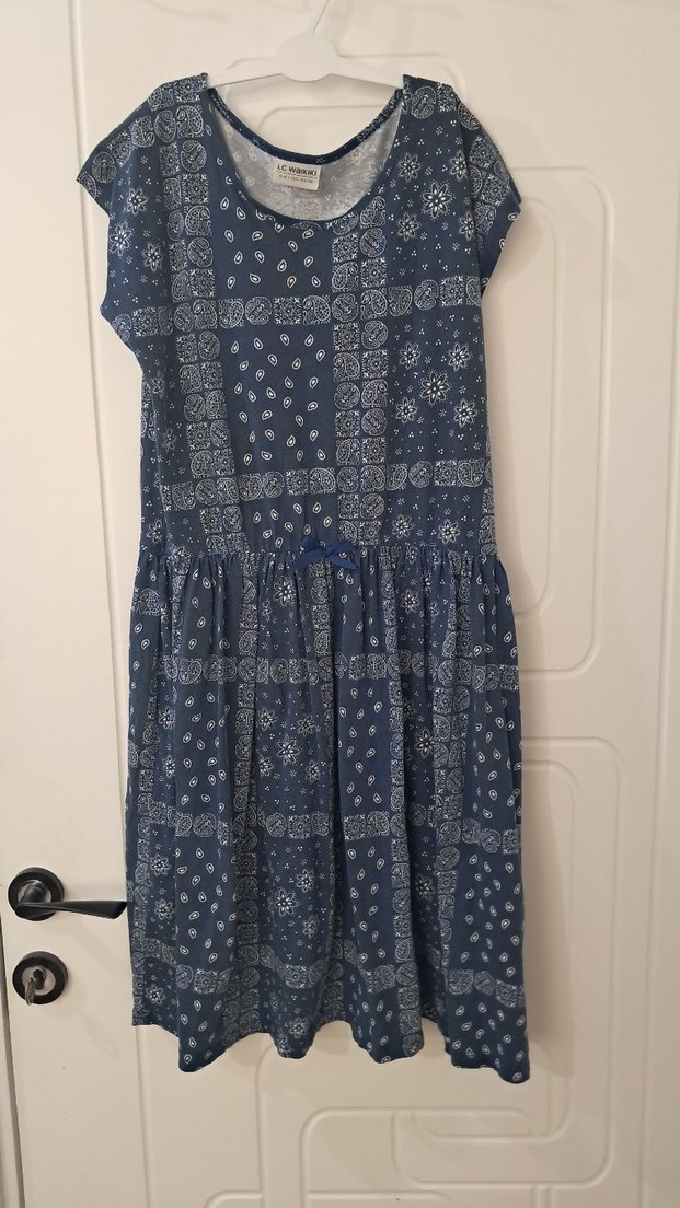 Kız Çocuk Lacivert Bağlama Desenli Denim Elbise - Görsel 4