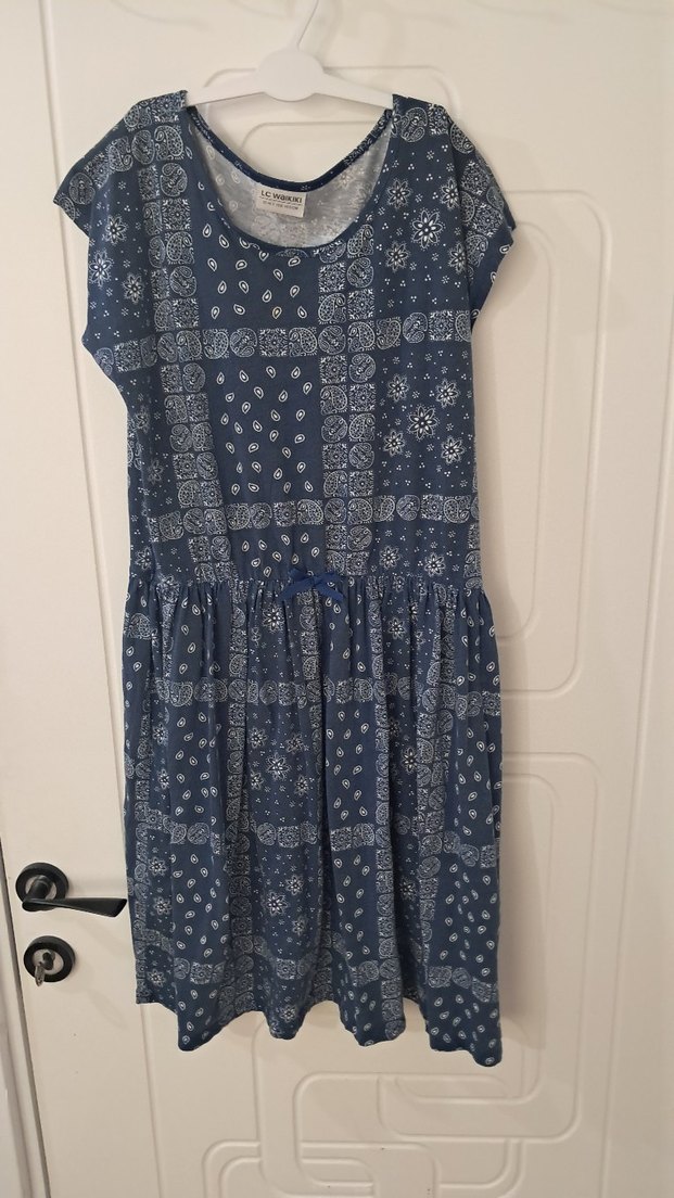 Kız Çocuk Lacivert Bağlama Desenli Denim Elbise - Görsel 2