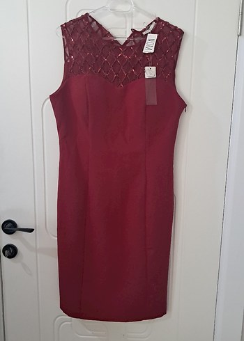 Bordo Dantel Detaylı V Yaka Midi Kalem Elbise - Görsel 2