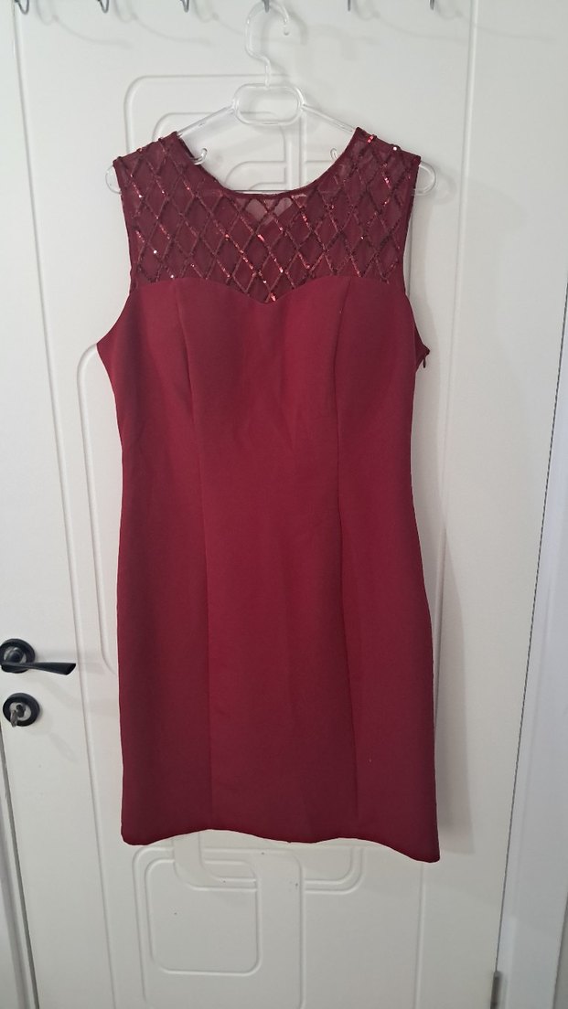 Bordo Dantel Detaylı V Yaka Midi Kalem Elbise - Görsel 3