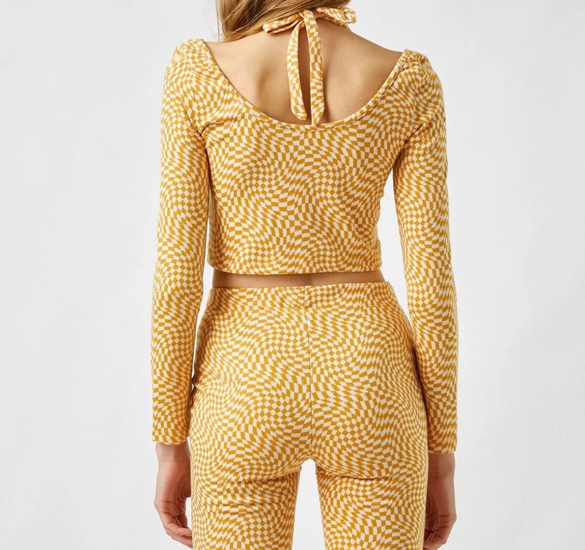 Sarı Bağlama Desenli Mini Uzun Kollu Üst - Görsel 3