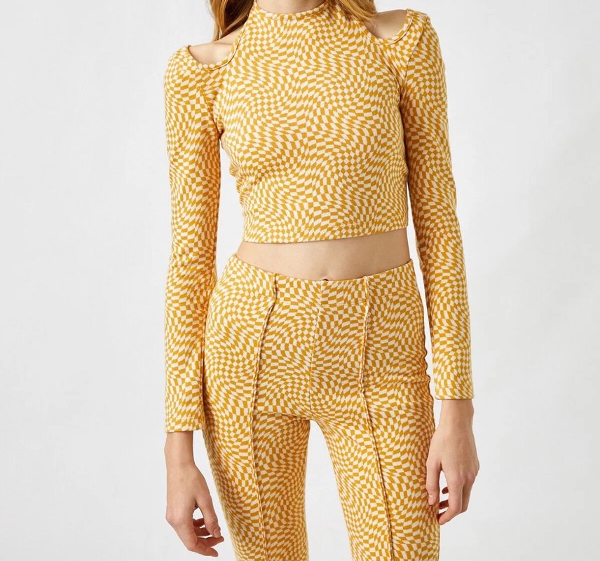 Sarı Bağlama Desenli Mini Uzun Kollu Üst - Görsel 2