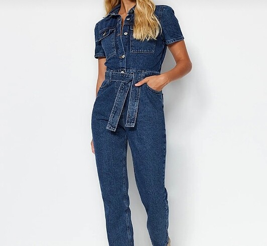 Kemerli kot denim tulum
