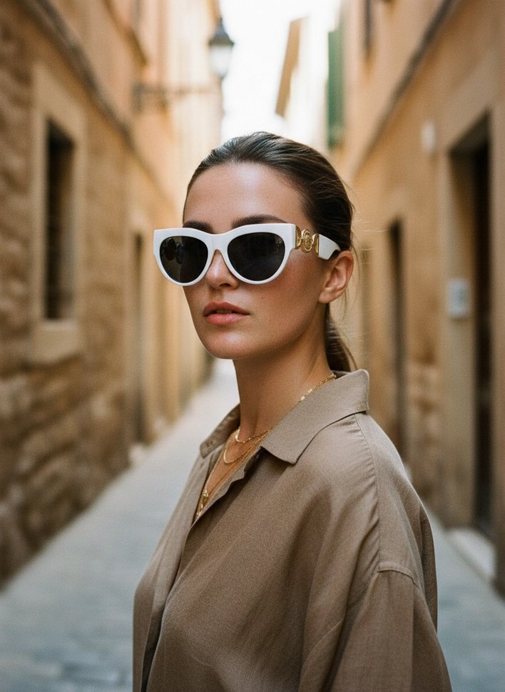 Zincir Detaylı Beyaz Modern Klasik Kadın Güneş Gözlüğü - Görsel 3