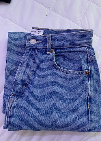 34 Beden Düğmeli Zebra Desenli Mavi Kadın Jean