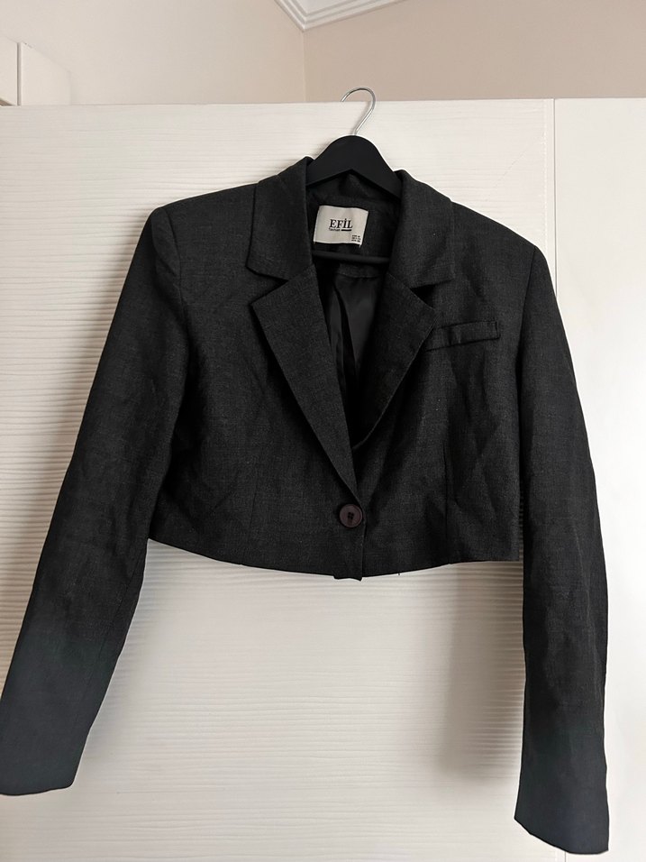 Düğmeli Gri Mini Etek - Crop Çeket takım - Görsel 3