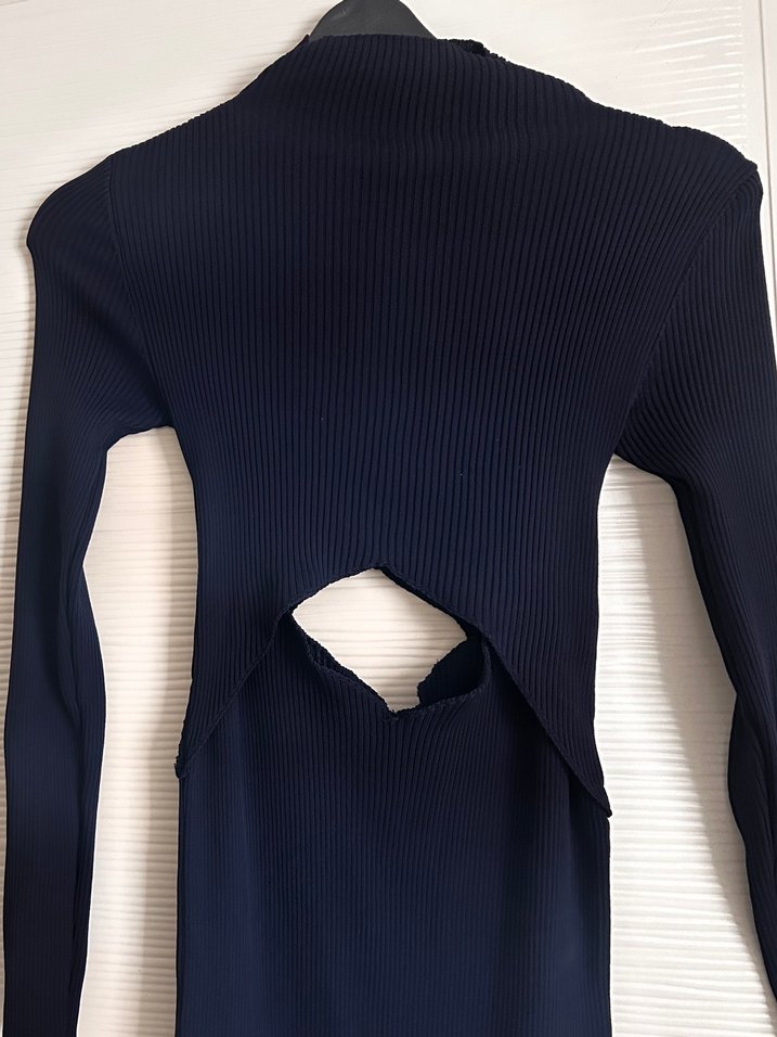 Lacivert Kadın  Bel dekolteli Boğazlı Triko Elbise - Görsel 3