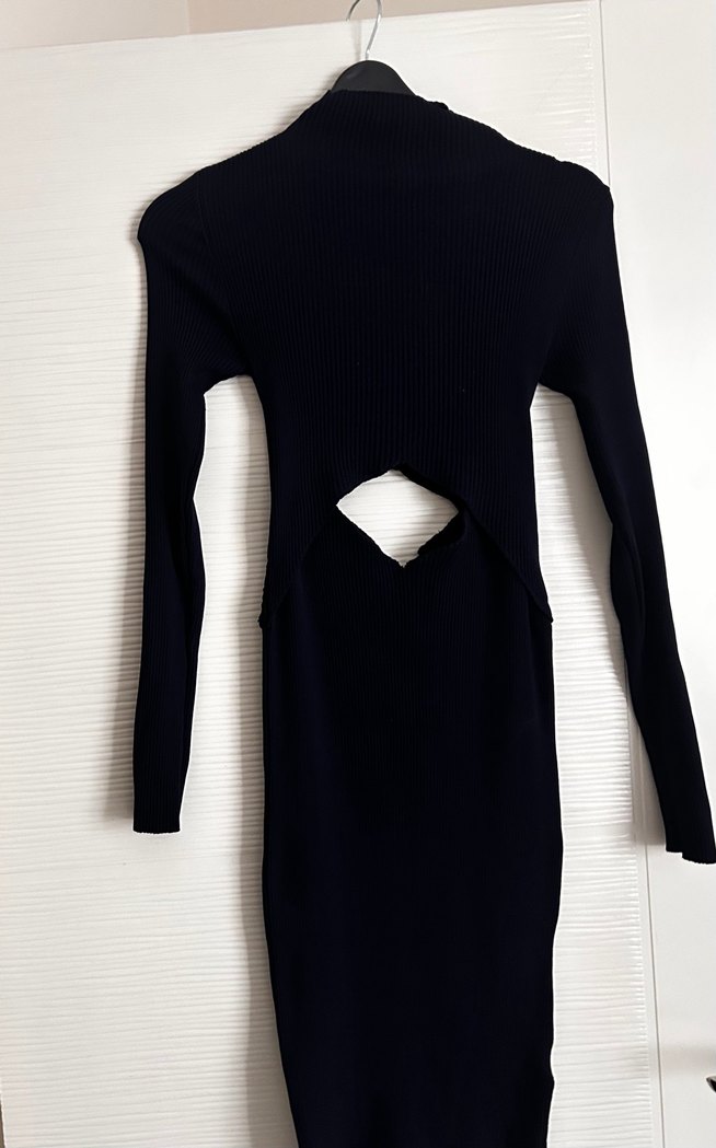 Lacivert Kadın  Bel dekolteli Boğazlı Triko Elbise - Görsel 4