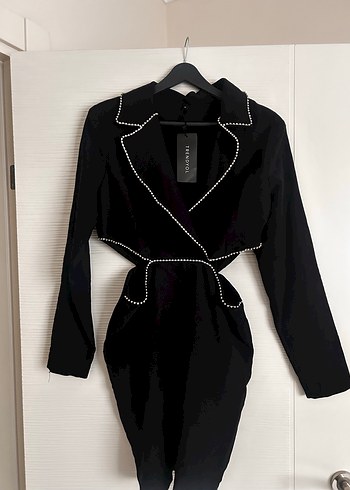 Taşlı , bel dekolteli Siyah normal boy  Kadın Elbise - Görsel 6