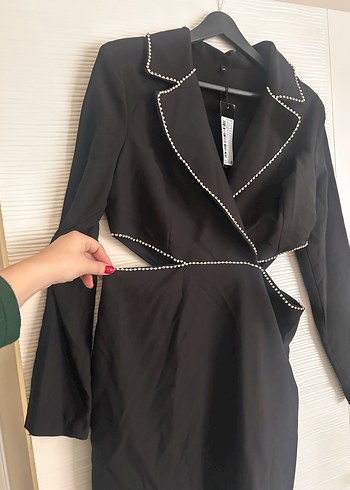 Taşlı , bel dekolteli Siyah normal boy  Kadın Elbise - Görsel 4