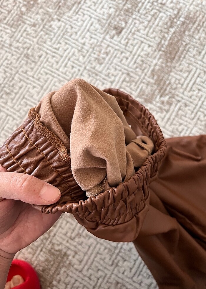 Kahve içi polarlı deri palazzo pantolon - Görsel 4