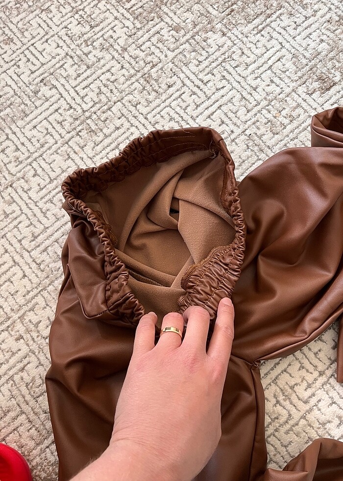 Kahve içi polarlı deri palazzo pantolon - Görsel 5