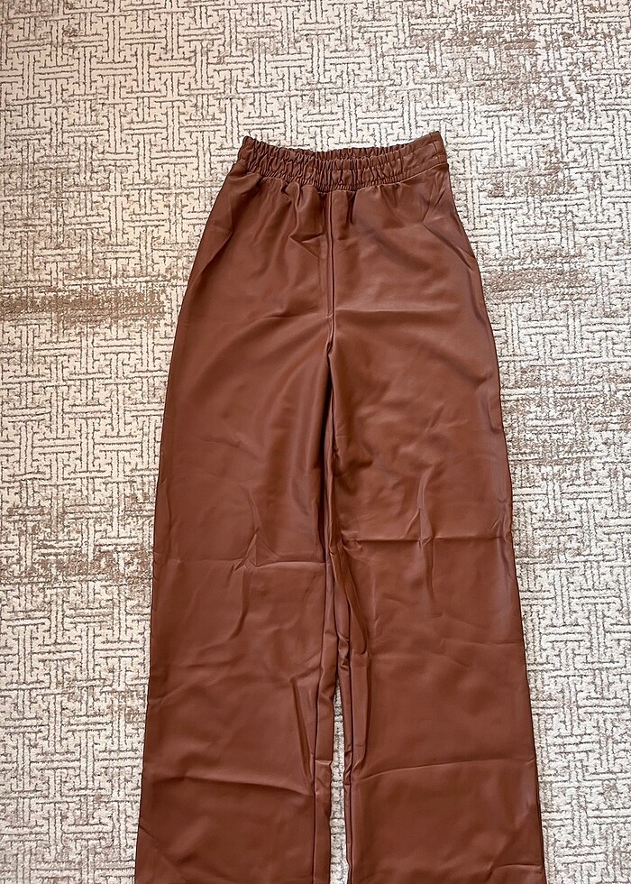 Kahve içi polarlı deri palazzo pantolon - Görsel 2