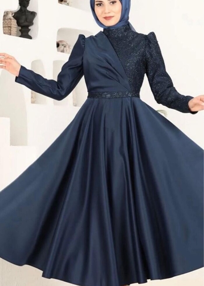 Lacivert Saten abiye elbise - Görsel 4