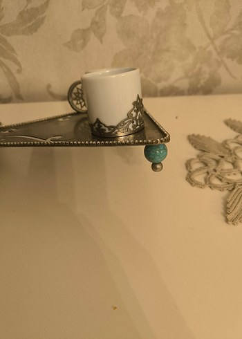 Turkuaz Top ve Gri taş 
Detaylı Kahve Fincanı Seti - Görsel 3