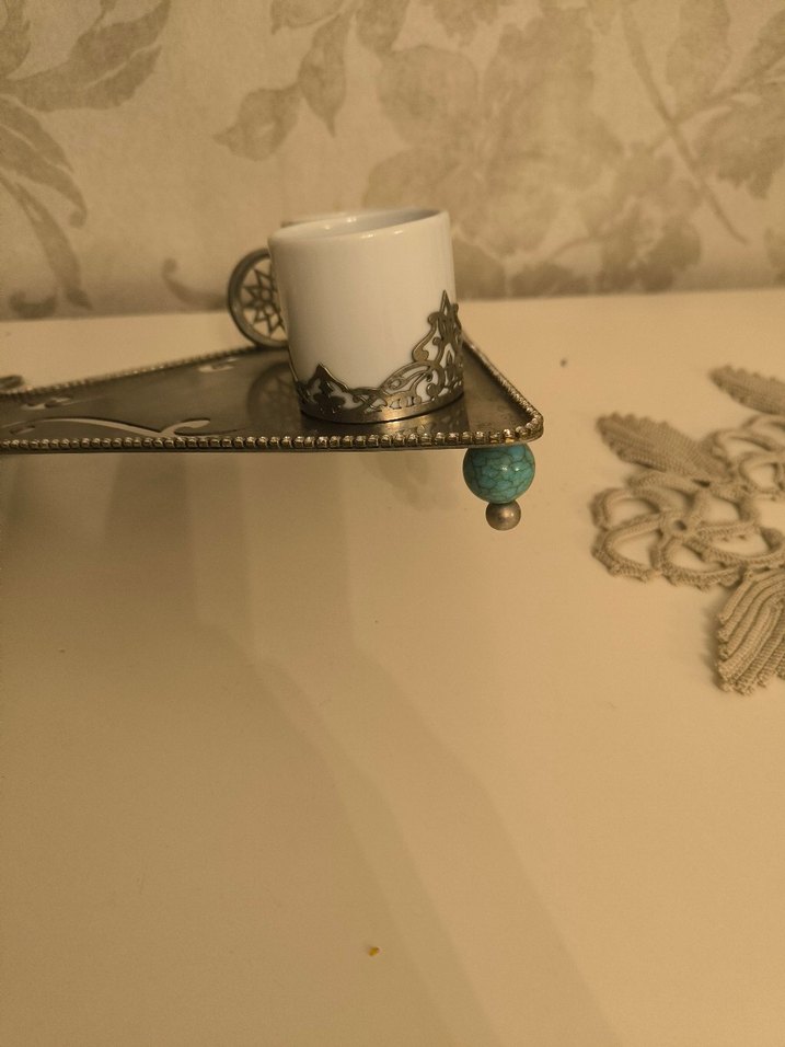 Turkuaz Top ve Gri taş 
Detaylı Kahve Fincanı Seti - Görsel 3