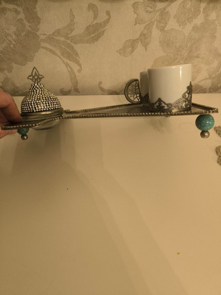 Turkuaz Top ve Gri taş 
Detaylı Kahve Fincanı Seti - Görsel 2