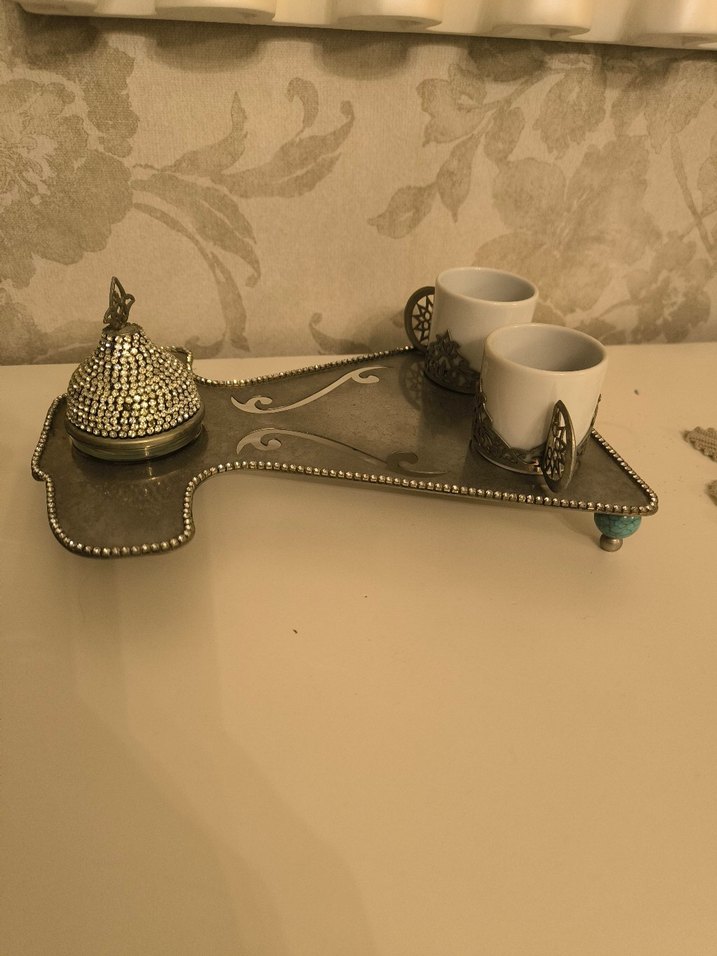 Turkuaz Top ve Gri taş 
Detaylı Kahve Fincanı Seti - Görsel 4