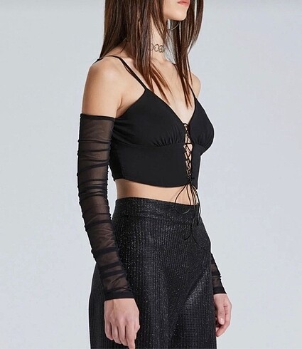 Sheinside siyah şifon bağlamalı crop