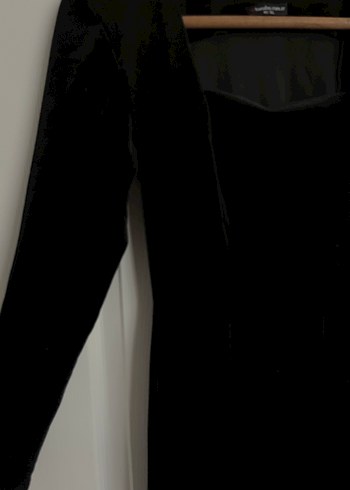 Siyah Kare Yaka Uzun Kollu Mini Kadife  Elbise - Görsel 3