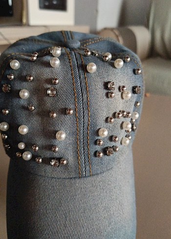 Beden Boncuk Detaylı Gri Denim Kadın Şapka