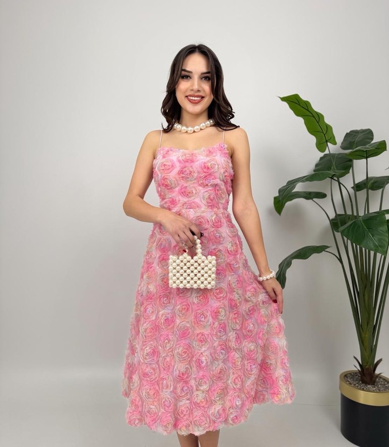 Pembe Straplez Mini Vintage Dantel Elbise - Görsel 3