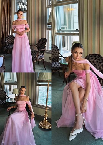 Pudra Rengi Uzun Drapeli Straplez Abiye - Görsel 5