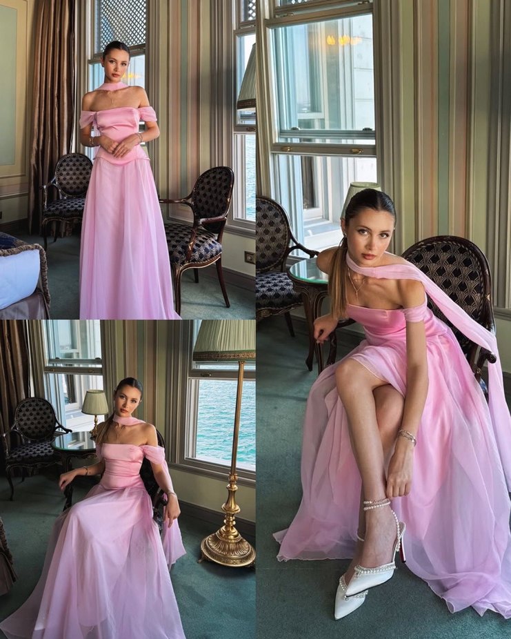 Pudra Rengi Uzun Drapeli Straplez Abiye - Görsel 5