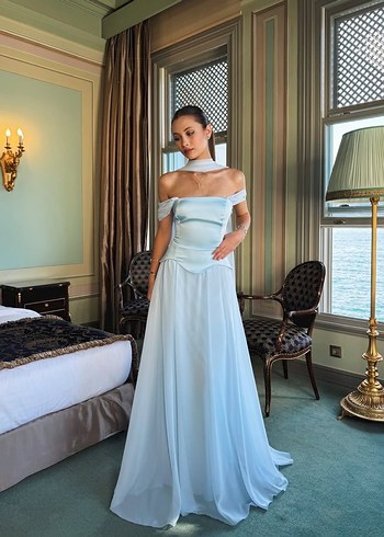 Mavi Uzun Drapeli Straplez Kadın Abiye - Görsel 2