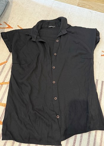 Siyah Kısa Kollu Keten Gömlek - Görsel 2