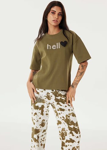 Dantelli Loose Fit Kadın Tişört - Haki