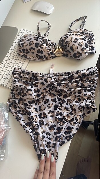 xs Beden Yüksek bel leopar desenli bikini