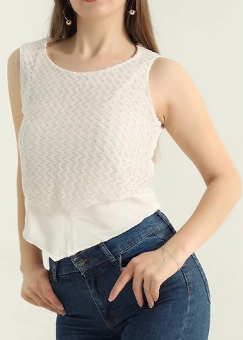 Beyaz Dantel Detaylı Kolsuz Kadın Bluz - Görsel 3