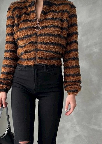 Kahverengi Zebra Desenli Kürklü Kadın Ceket - Görsel 3