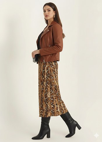 Kahverengi Deri Yılan Desenli Uzun Etek - Görsel 2