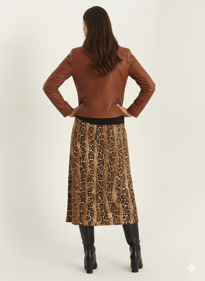 Kahverengi Deri Yılan Desenli Uzun Etek - Görsel 4