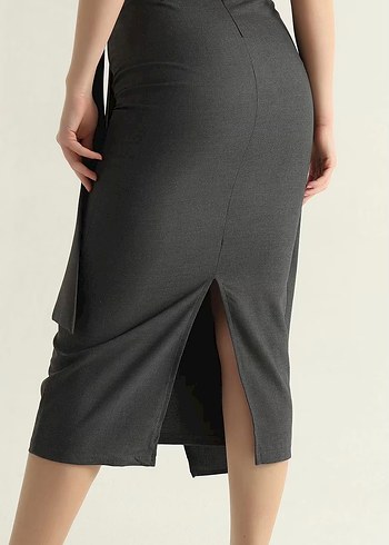 Gri Midi Kalem Etek, Kemer Detaylı Sml beden mevcut - Görsel 4