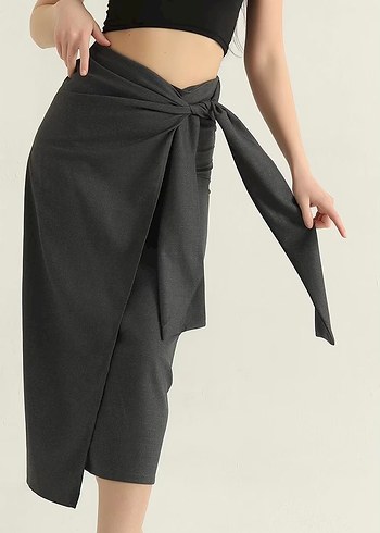 Gri Midi Kalem Etek, Kemer Detaylı Sml beden mevcut - Görsel 3