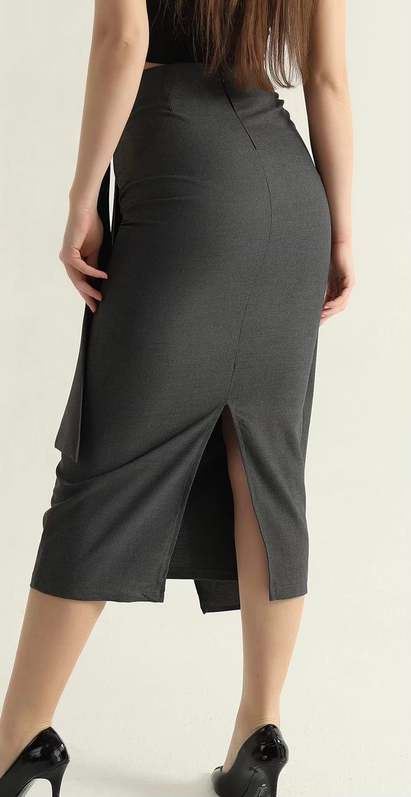 Gri Midi Kalem Etek, Kemer Detaylı Sml beden mevcut - Görsel 4